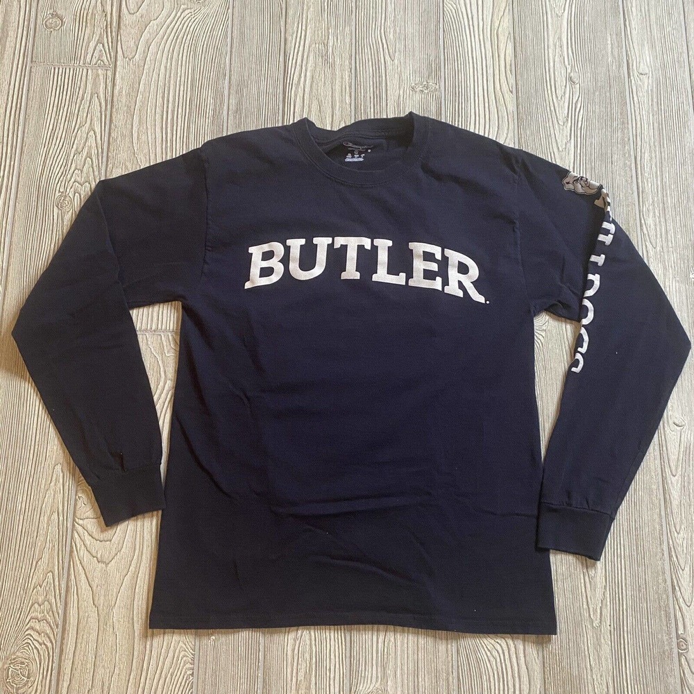 Champion Butler Bulldogs LS TShirt Mens M Blue Two Sided Sleeve Print